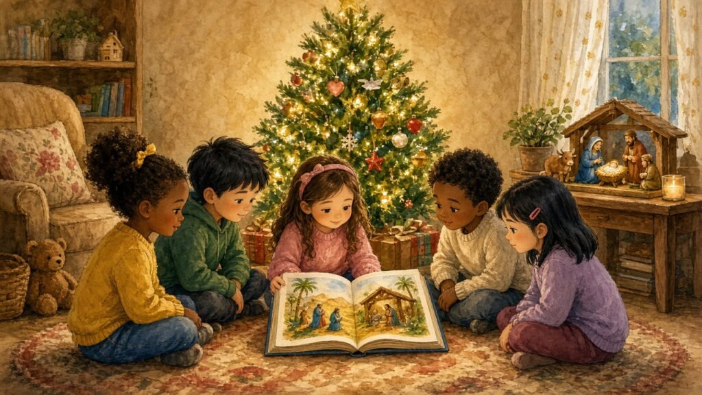 Kids reading a children's Bible together by a Christmas tree