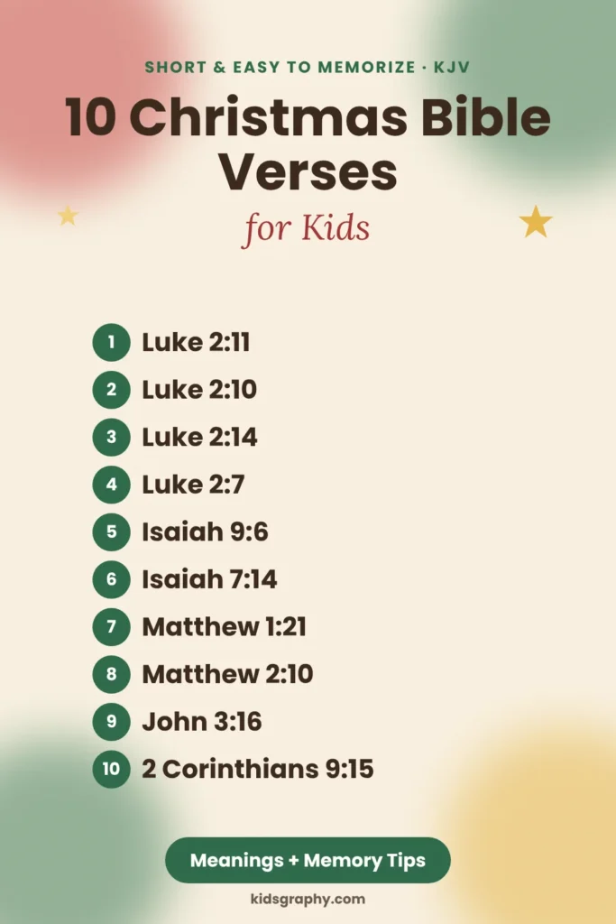 List of 10 short Christmas Bible verses for kids from Luke, Isaiah, Matthew, John and 2 Corinthians