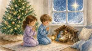 Two children praying by a Christmas tree and nativity set on a snowy night, watercolor