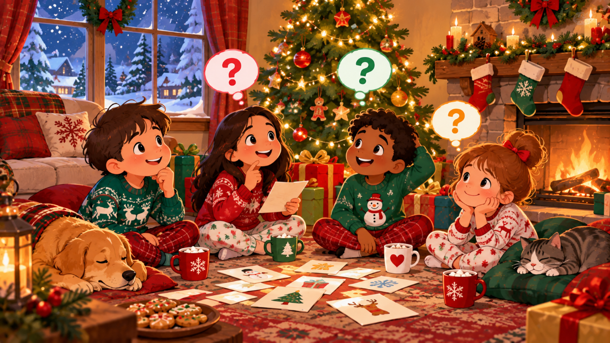 Kids by a Christmas tree and fireplace solving Christmas riddles
