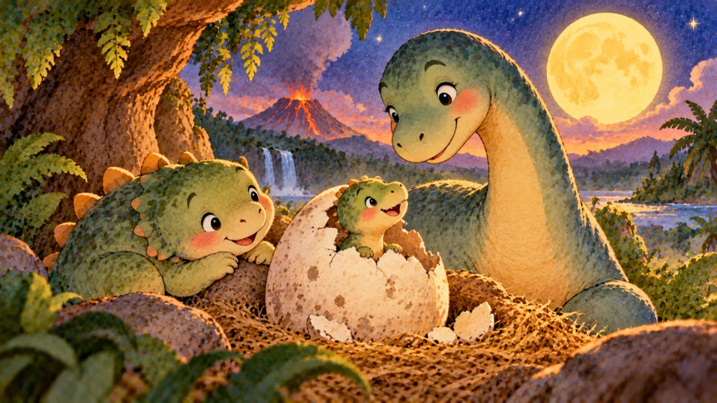 Young dinosaur watching a baby dinosaur hatch from a speckled egg