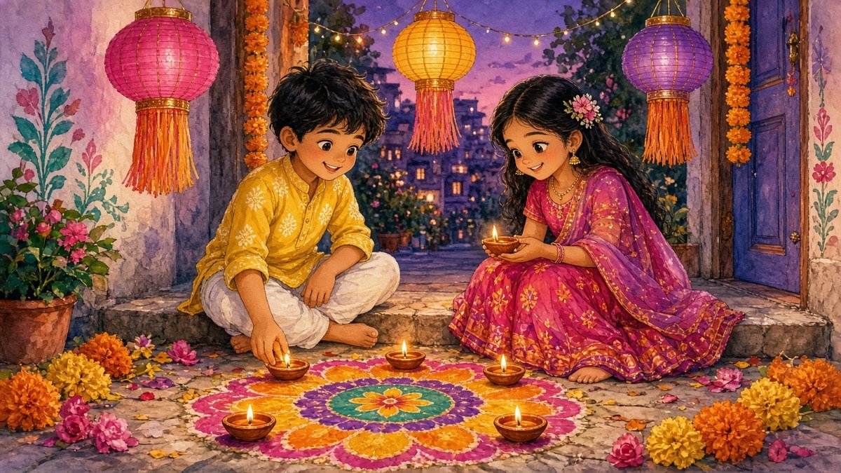 Diwali activities for kids: two children lighting clay diyas around a colorful rangoli with paper lanterns overhead