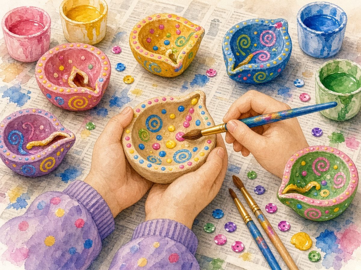 Child painting a clay diya with colorful dots and swirls, a Diwali craft for kids