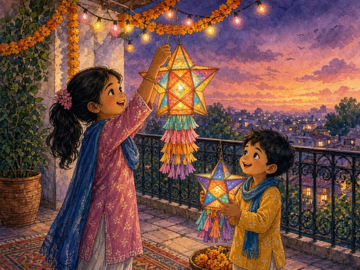 Girl hanging a colorful paper star lantern (akash kandil) on a balcony for Diwali while her brother holds another
