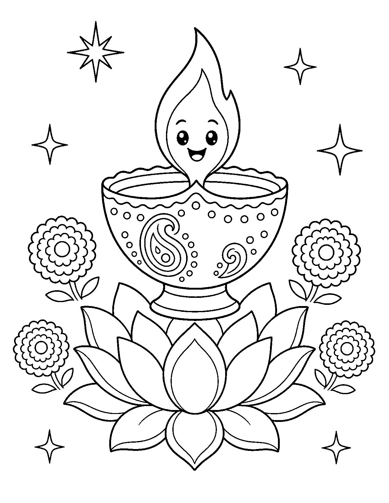 Free printable diya coloring page for kids: a smiling diya lamp on a lotus with marigolds and stars