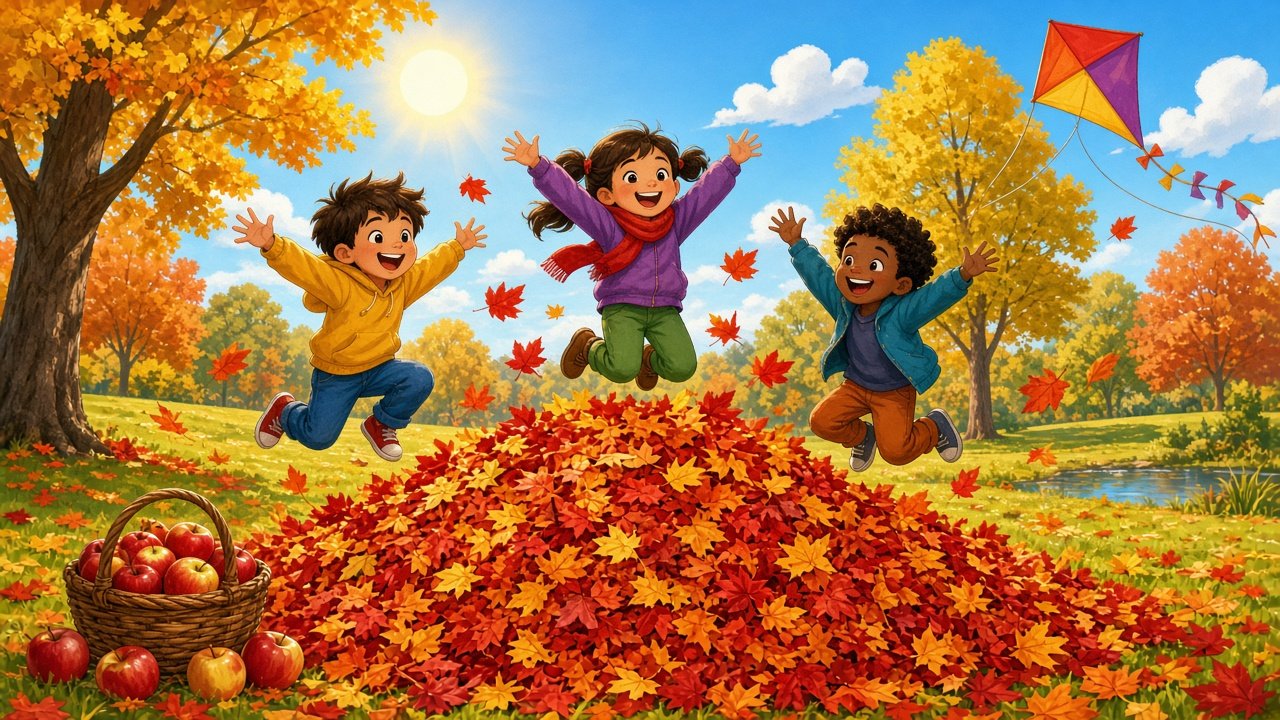 Children jumping into a big pile of red and orange leaves in a backyard with an apple tree
