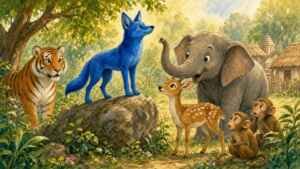 A bright blue jackal standing proudly on a rock while a surprised tiger, elephant, deer and monkeys look up at him in the jungle