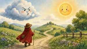 A grumpy gray cloud with a face and a smiling golden sun in the sky above a traveler in a red cloak walking along a country road