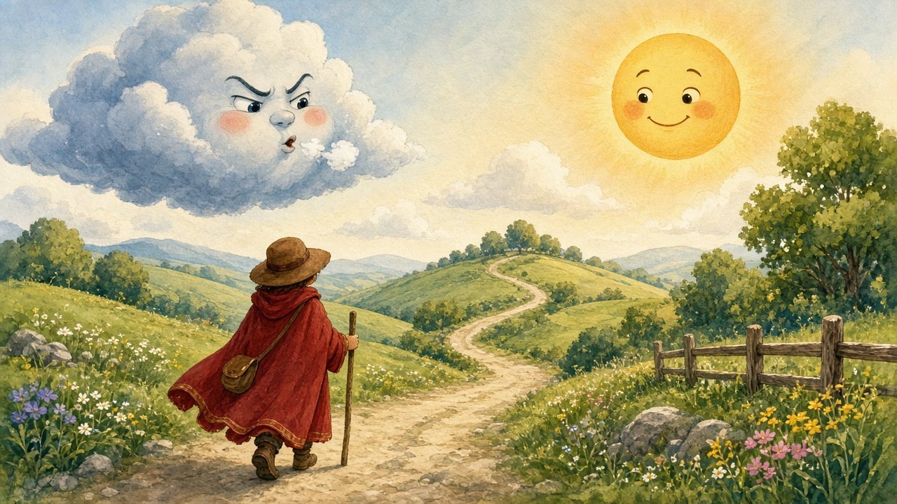 A grumpy gray cloud with a face and a smiling golden sun in the sky above a traveler in a red cloak walking along a country road