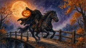 A lanky schoolteacher on a gray horse riding past glowing jack-o'-lanterns on a moonlit autumn road