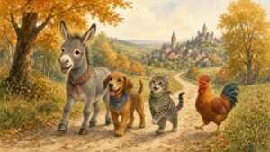 A gray donkey, a brown hound, a tabby cat and a red rooster walking happily together down an autumn road toward a distant town