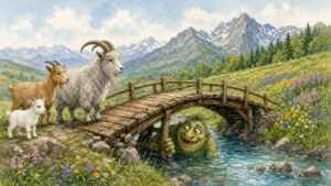 Three billy goats of different sizes at the end of a wooden bridge over a stream, with a silly green troll peeking out from underneath