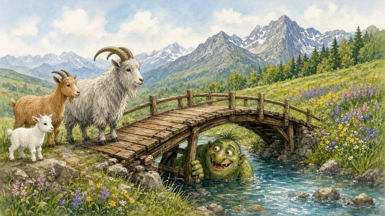 Three billy goats of different sizes at the end of a wooden bridge over a stream, with a silly green troll peeking out from underneath