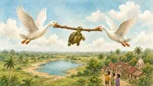 Two white geese flying over the Indian countryside holding a stick in their beaks, with a small tortoise hanging from the middle