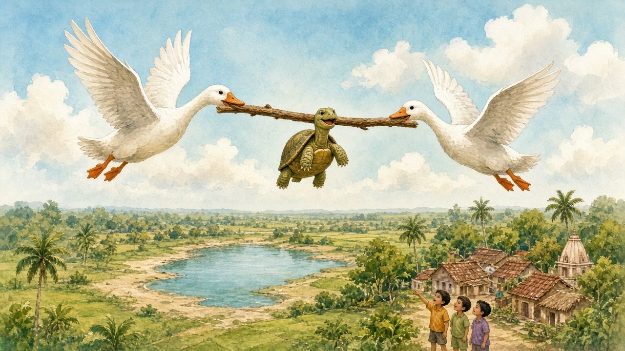 Two white geese flying over the Indian countryside holding a stick in their beaks, with a small tortoise hanging from the middle