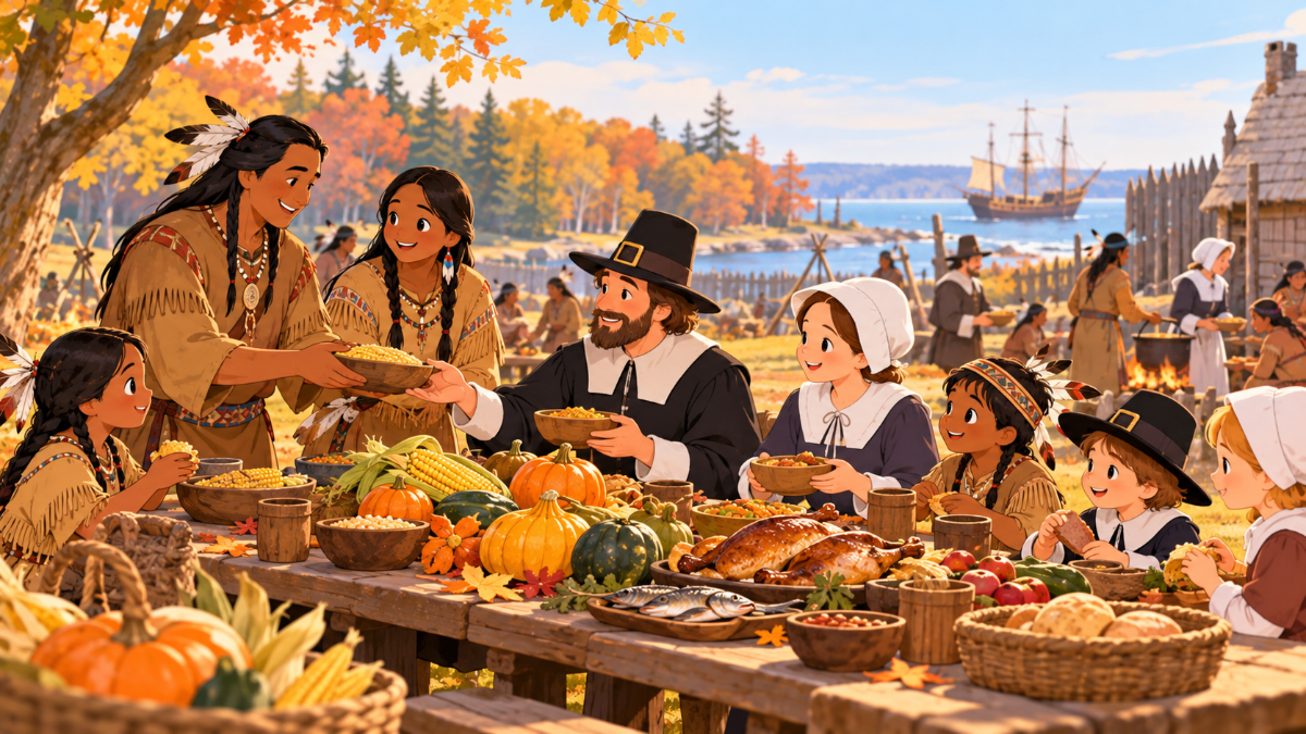 Wampanoag people and Pilgrims sharing the 1621 harvest feast, the first Thanksgiving story for kids