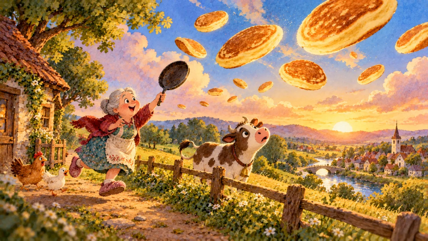 Grandmother chasing flying pancakes over a farm