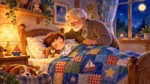 Grandpa tucking a boy into bed under a patchwork blanket
