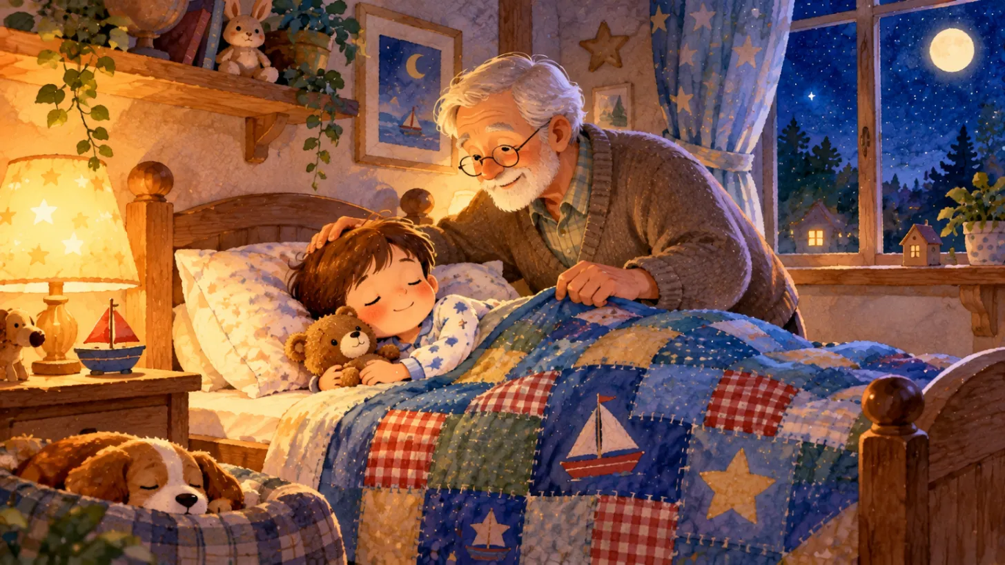 Grandpa tucking a boy into bed under a patchwork blanket
