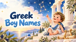 Watercolor illustration of a baby boy with a laurel wreath on Greek temple steps with olive branches and a lyre, titled Greek Boy Names