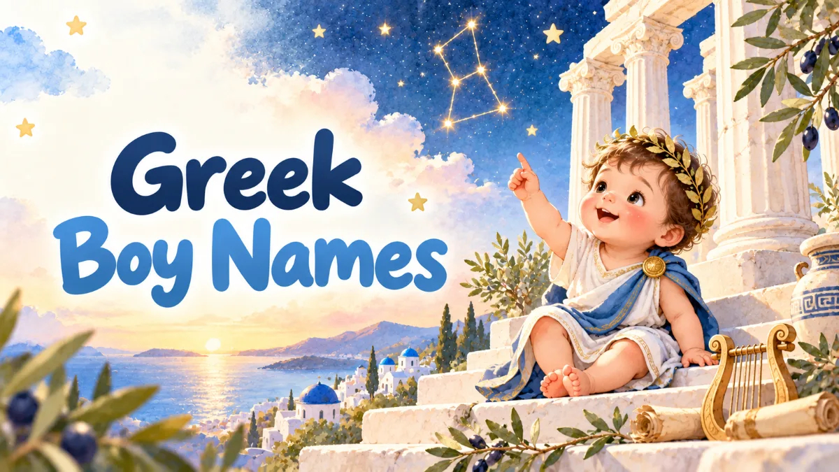 Watercolor illustration of a baby boy with a laurel wreath on Greek temple steps with olive branches and a lyre, titled Greek Boy Names