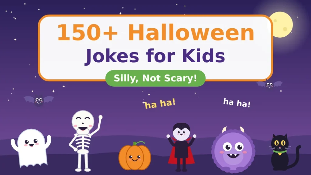 Halloween jokes for kids cover with a laughing ghost, skeleton, pumpkin, little vampire, purple monster and black cat