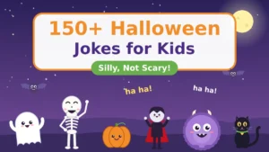 Halloween jokes for kids cover with a laughing ghost, skeleton, pumpkin, little vampire, purple monster and black cat