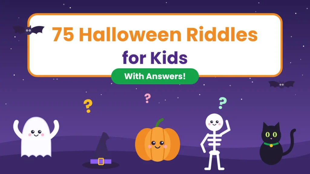 Halloween riddles for kids cover with a friendly ghost, witch hat, smiling pumpkin, skeleton and black cat