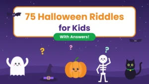 Halloween riddles for kids cover with a friendly ghost, witch hat, smiling pumpkin, skeleton and black cat