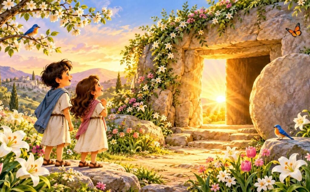 Two children smiling at the empty tomb with the stone rolled away on Easter morning, He rose again the third day