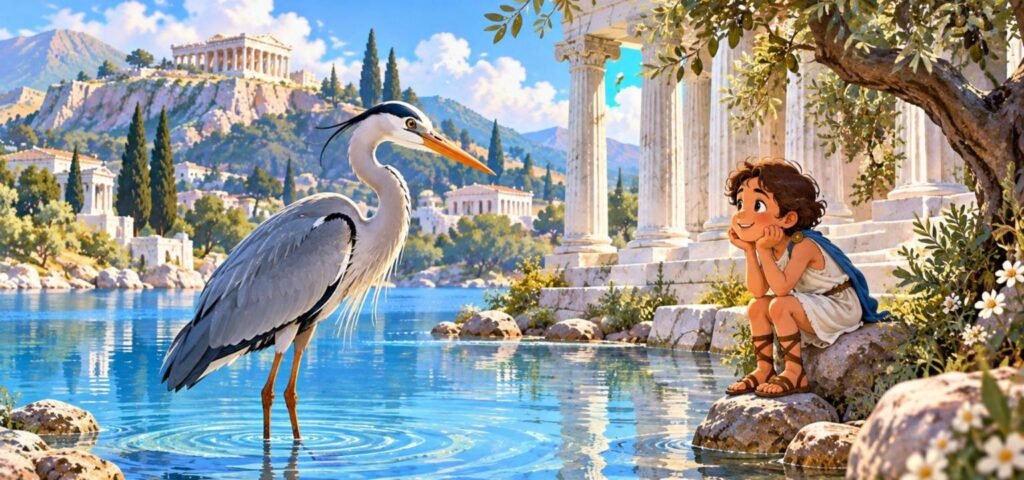 Grey heron standing in a lake beside ancient Greek temple columns while a child watches
