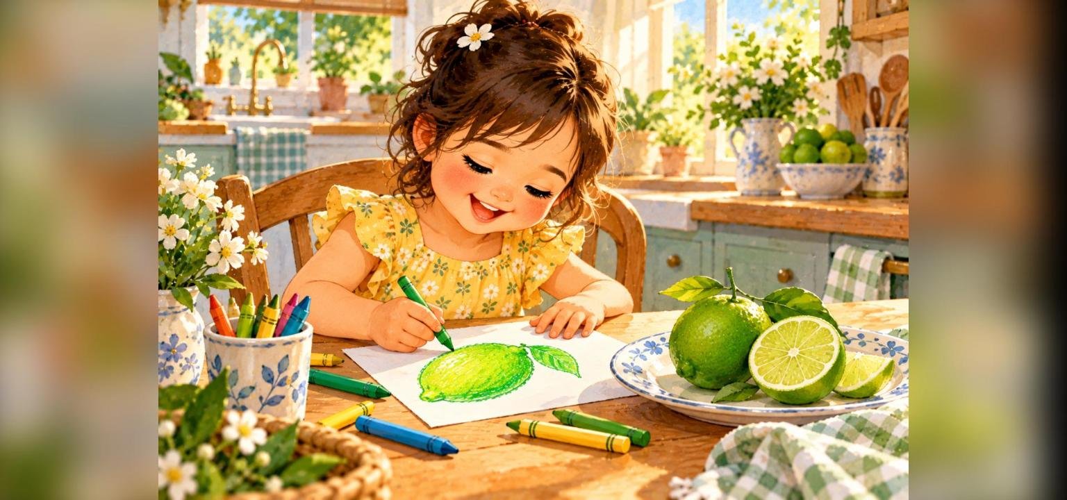 Happy child drawing a green lime with crayons next to a whole and a cut lime