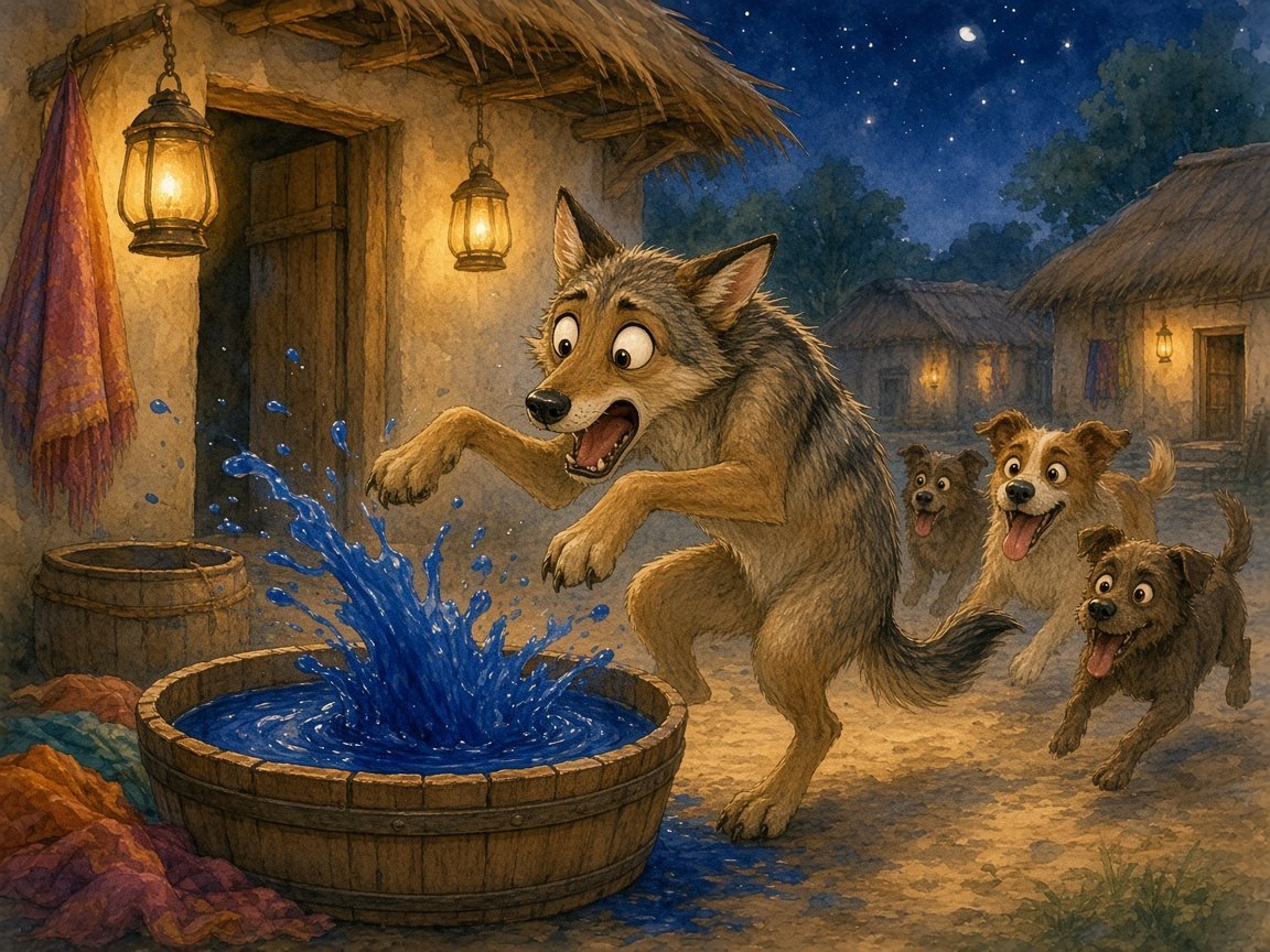 A frightened jackal jumping toward a tub of blue indigo dye outside a village hut at night, with three village dogs chasing him
