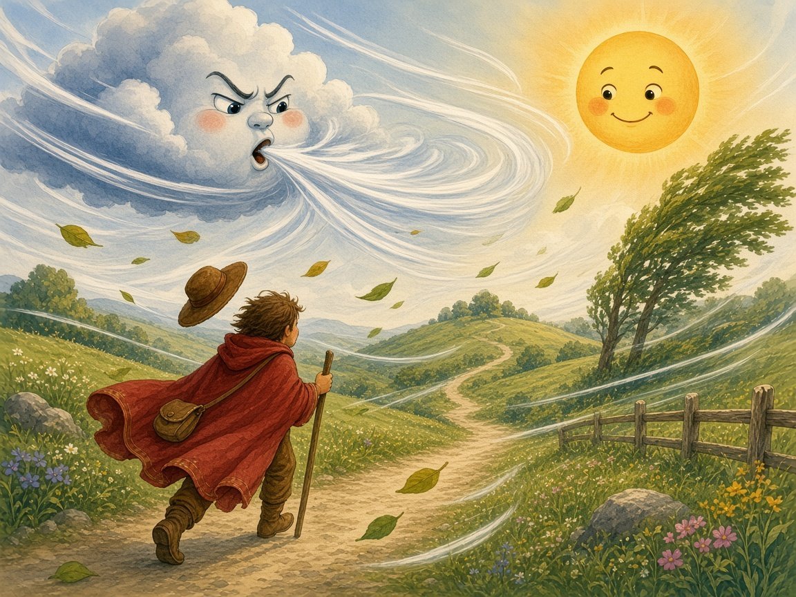 The North Wind cloud blowing a strong gust while the traveler clutches his red cloak and his brown hat flies away