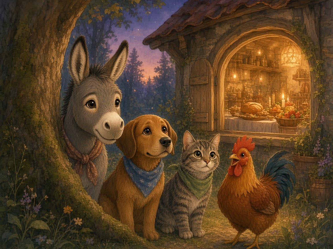 The donkey, dog, cat and rooster peeking from behind a tree at a cottage window with a table full of food inside