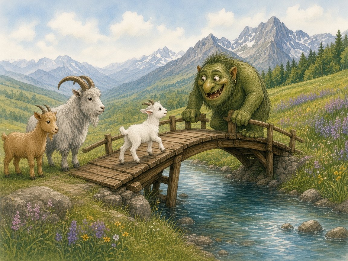 The little white billy goat trotting across the wooden bridge as the green troll pops up over the railing with a big grin