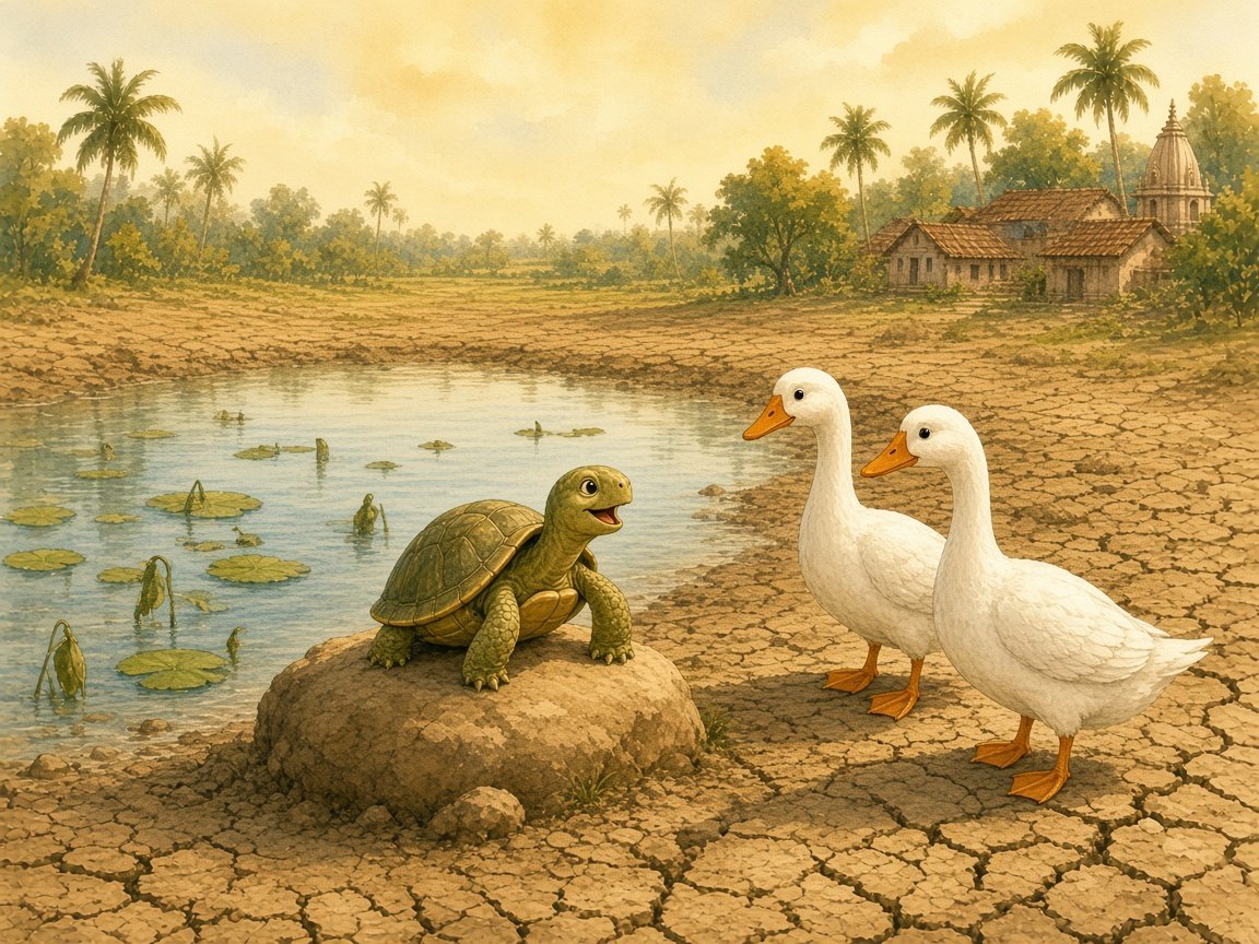 A tortoise sitting on a rock chatting with two white geese beside a drying lake with cracked mud