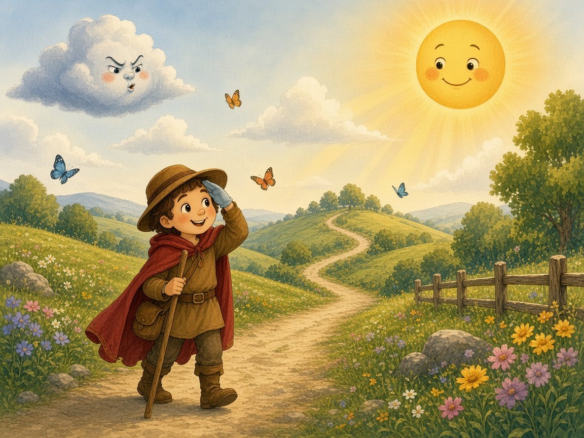 The warm smiling sun shining on the traveler, who has pushed back his hood and shades his eyes on the sunny road