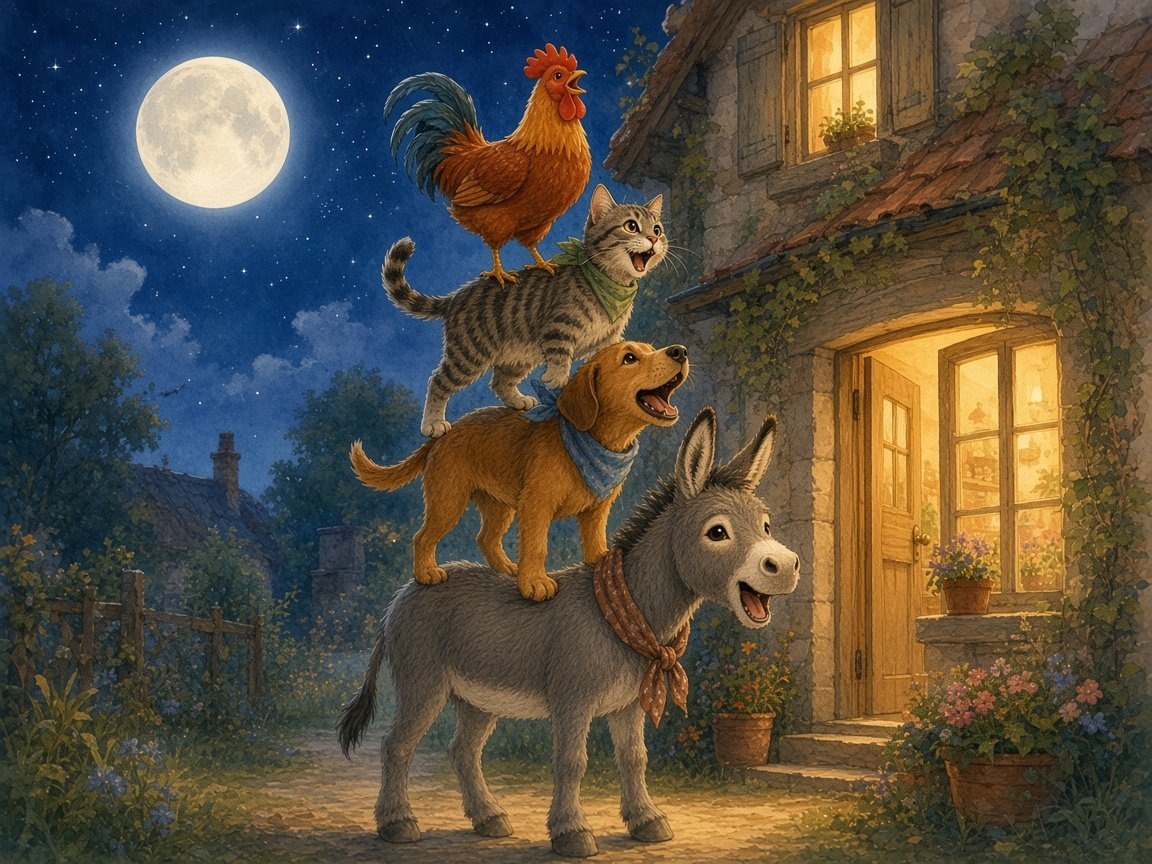 The four animals standing on each other's backs, donkey at the bottom and rooster on top, singing loudly outside a cottage at night