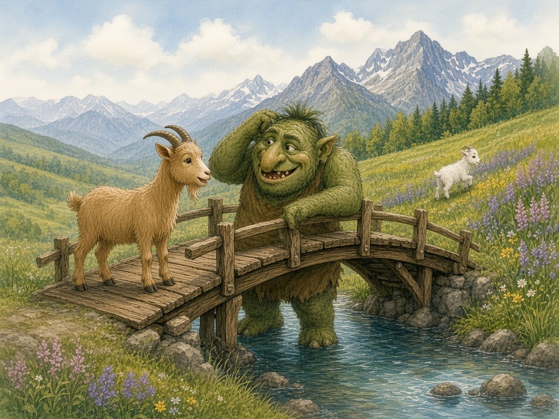The middle-sized tan billy goat talking to the troll on the bridge while the little goat eats flowers on the far hillside