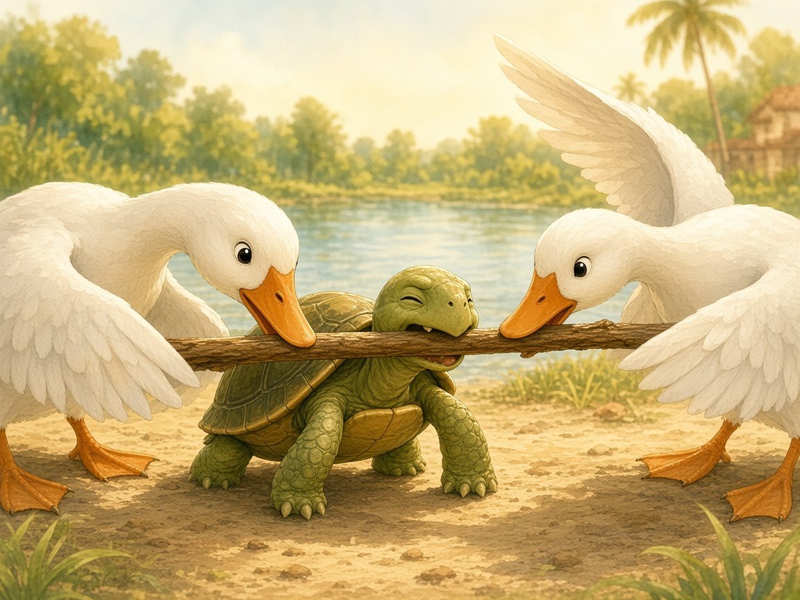 A tortoise biting the middle of a stick held at each end by two white geese on the lake shore