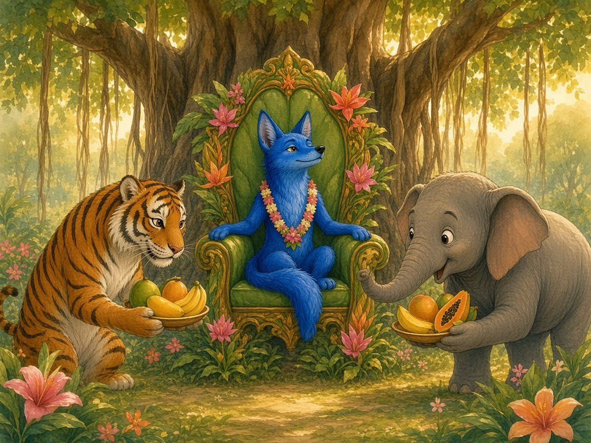 The blue jackal wearing a flower garland on a leafy throne under a banyan tree while a tiger and an elephant bring him fruit