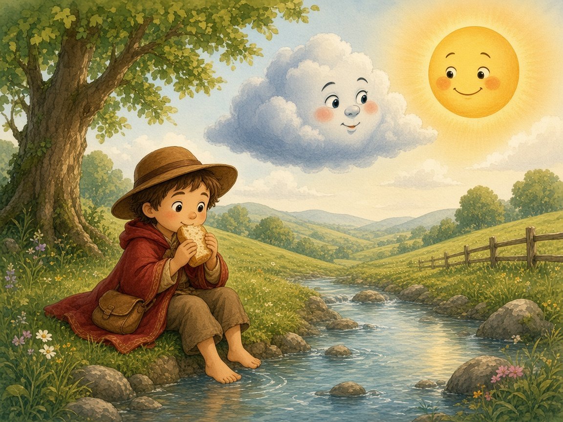 The traveler eating bread by a stream with bare feet while a friendly cloud and the sun smile in the sky