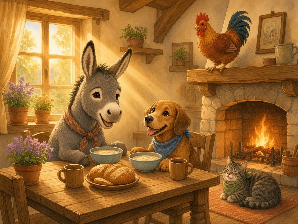 The donkey and dog eating breakfast at a wooden table while the cat sleeps by the fire and the rooster perches on the mantel
