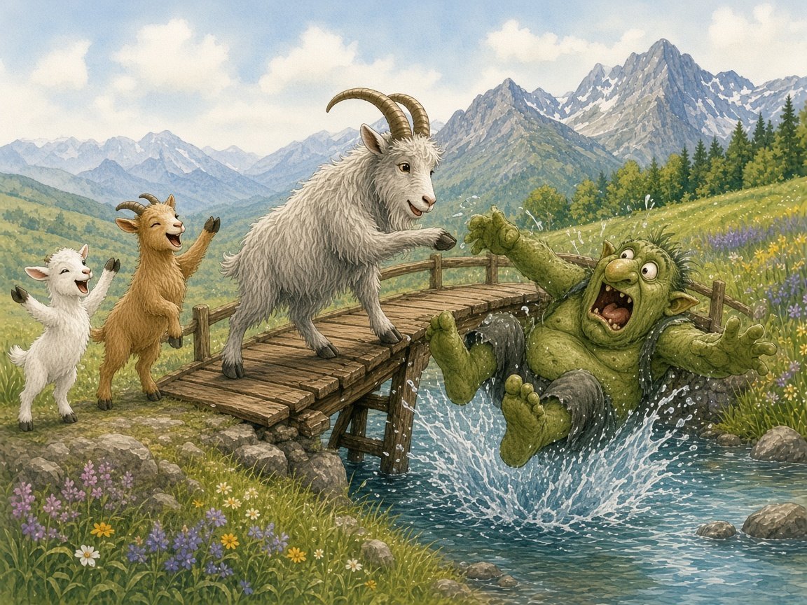 The big shaggy gray billy goat bumping the troll off the bridge with a splash as the two smaller goats cheer