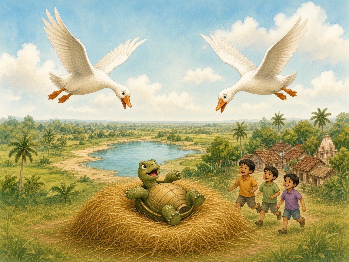 The tortoise landing safely in a haystack in a field as the two geese swoop down and village children run to help