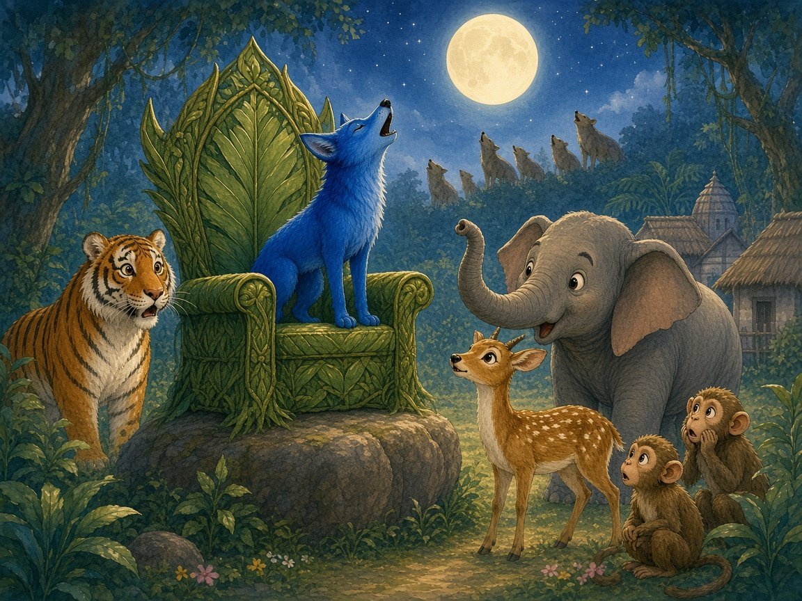 The blue jackal howling at the full moon from his throne as the tiger, elephant, deer and monkeys stare in surprise