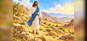 Jesus standing in the sunny desert wilderness, a Bible story for kids