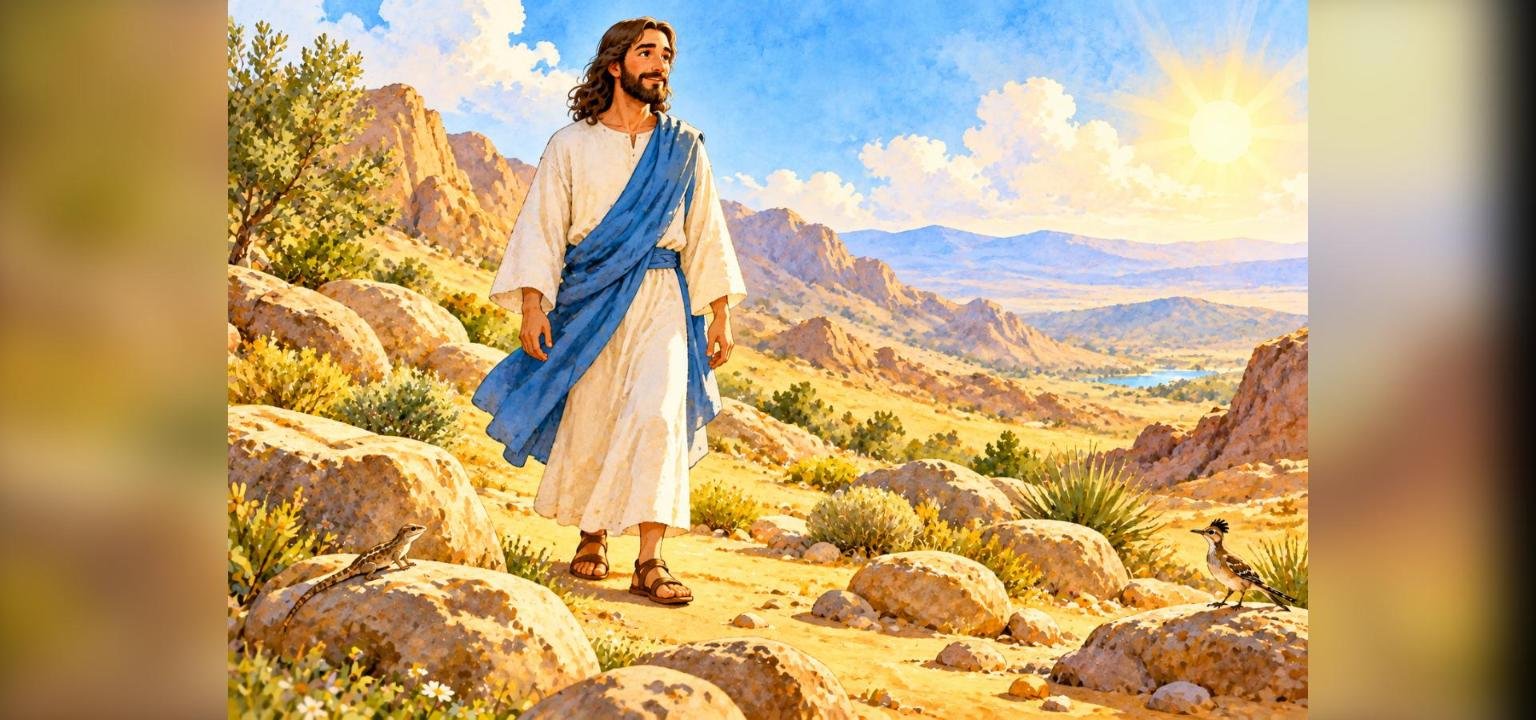 Jesus standing in the sunny desert wilderness, a Bible story for kids