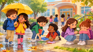 Kids showing kindness at school by sharing an umbrella and helping friends